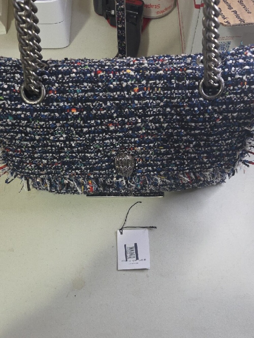Kurt Geiger Large Kensignton Tweed Chain-Handle Shoulder Bag in Navy Mix - Picture 2 of 10